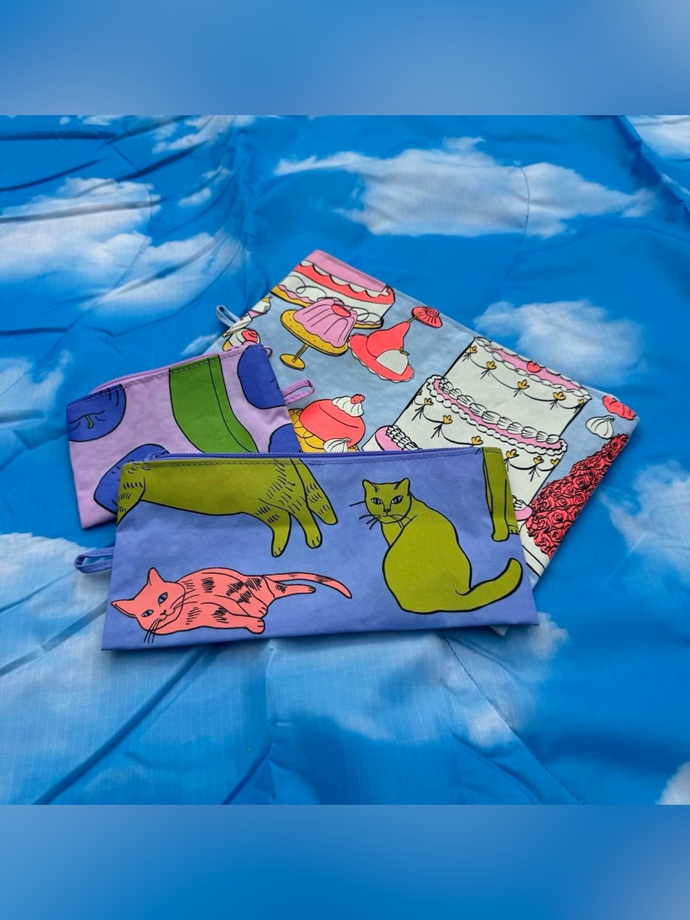 BAGGU Flat Pouch Set Still Life 3 Pouches Apple & Banana, Table Cats, Patisserie